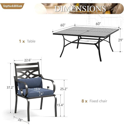 Sophia and William Outdoor Patio Dining Set for 8, Outdoor Table and Chairs, Removable Seat Cushions, Black 37" Patio Dining Table,Blue