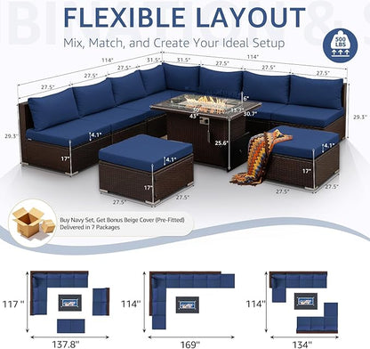 NICESOUL 10 Piece Outdoor Couch Set with Fire Pit Natural Gas/Propane, 29.3'' High Backrest Comfy Sectional Patio Furniture, Large Wide Seating Sofa for Outside, Brown Rattan and Navy Blue Cushion