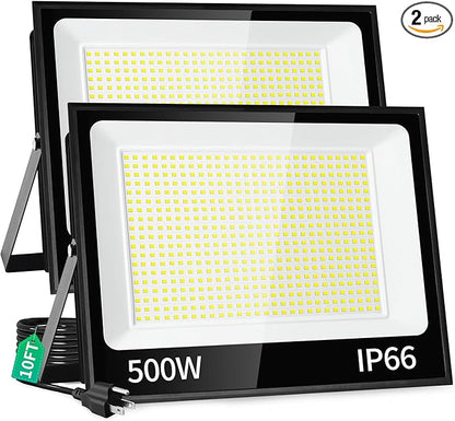500W LED Flood Light Outdoor with Plug+10ft Cable, 60000LM Ultra Brighter 5000K Exterior Security Light, IP66 Waterproof Commercial Lighting for Sports Fields Counts Arena Stadium(2 Pack)