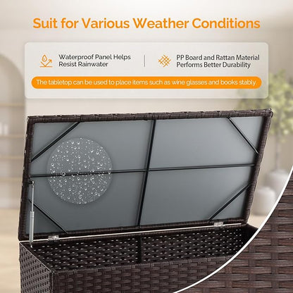 VINGLI Outdoor Coffee Table with Storage, All-Weather Dark Brown Wicker Patio Table for Garden, Balcony, Backyard
