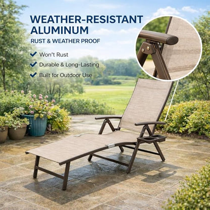Kozyard Aluminum Outdoor Chaise Lounge Chair, Adjustable Reclining Patio Lounge with Drink Holder, Weather-Resistant Pool, Deck & Yard Recliner, Assemble-Free(2Pack, Beige)