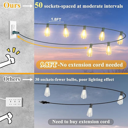 Brightever LED Outdoor String Lights 100FT with 52 Shatterproof ST38 Vintage Edison Bulbs, Outside Hanging Lights Waterproof for Patio, Porch, Deck, Garden, Backyard, Balcony, Green Wire