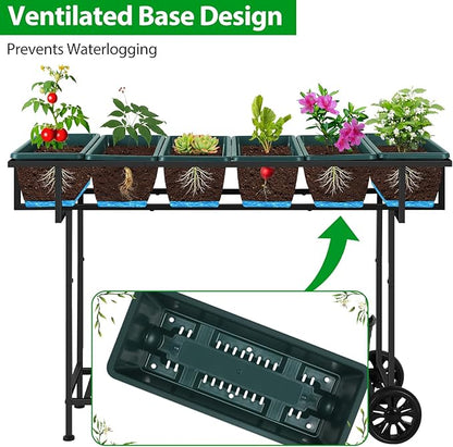 YBING Elevated Raised Garden Bed with Legs Outdoor Mobile Herb Garden Planter with Storage Shelf 6 Pocket Patio Raised Planter Boxes on Wheels Elevated Flower Bed 42x17x30in Green