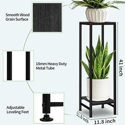 Plant Stand Indoor, 41'' Tall Plant stands for Indoor Outdoor Plants, 2 Tier Heavy Duty Metal Pedestal Stand Modern Display Rack for Living Room, Black
