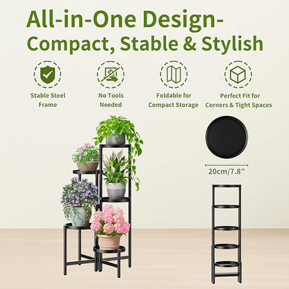 Tall Plant Stand Indoor Outdoor, Corner Metal Flower Pot Stands for Multiple Plants, 5 Tier Heavy Duty Plant Shelf for Patio Garden Balcony Living Room Bedroom - BlackDisk