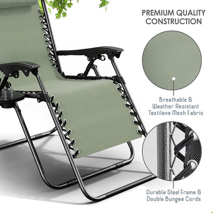 Nestl Zero Gravity Chairs Set of 2, Patio Lounge Chair Outdoor with Pillows & Cup Holder Trays - Sage Green