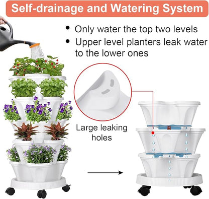 GameXcel Vertical Planter 5 Tier Stackable Planters Garden Planters Strawberry Herb Flower and Vegetable Planter Indoor Outdoor Gardening Pots with Removable Wheels and Tools White