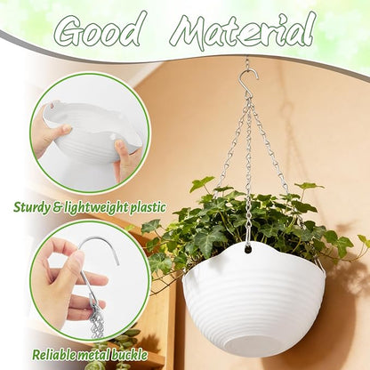 Bvrbaory 8 Pack Hanging Planter Pots,Self-Watering Flower Pot with Water Tray & Metal Chain,White Plastic Hanging Plant Pots for Indoor Outdoor Garden Decor,8 Inch