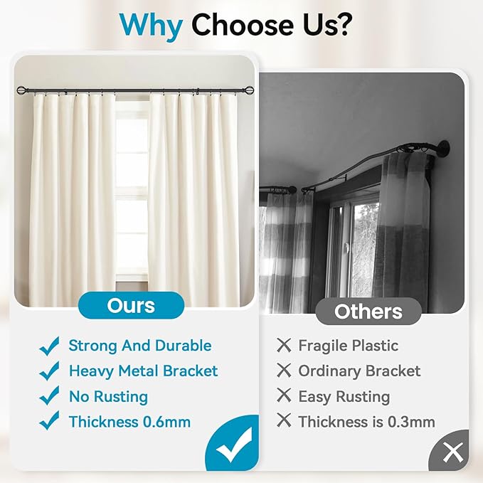 Curtain Rods for Windows 28 to 60 Inch - 2 Pack 5/8” Black Metal Heavy Duty - Decorative Window Small Curtains Rod with Brackets for Kitchen, Bathroom, Sliding Cafe Drapery Rods Door
