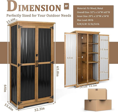 PetsCosset Outdoor Storage Cabinet, Wood & Metal Storage Shed with Weather-Resistant Roof, Removable Shelves, Lockable Doors, Outside Storage Tool Organizer for Garden, Patio, Backyard, Garage, Pool
