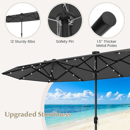 Tangkula 9 Pieces Rattan Outdoor Dining Set with 13Ft Solar Patio Umbrella for 6, Outdoor Wicker Table Set with 8 Cushioned Chairs, Acacia Wood Top, Outdoor Umbrella with Base Included