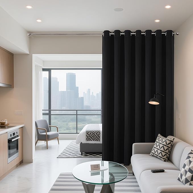 Joydeco Blackout Patio Sliding Door Curtains 96 Inches Long, Grommet Privacy Room Divider Curtains, Extra Wide Thermal Blackout Drapes for Bedroom Living Room (Black, 80Wx96L, 1 Panel)