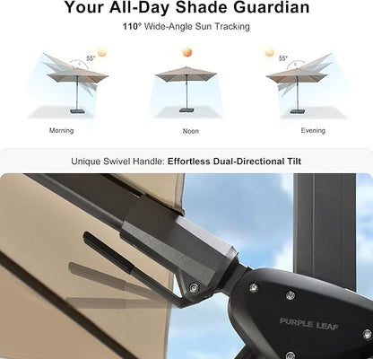 PURPLE LEAF 6.5' X 10' Left-right Tilt Patio Umbrella with Base Outdoor Cantilever Swivel Rectangle Umbrella Aluminum Offset Umbrella with 360-degree Rotation for Garden Deck Pool Patio Beige