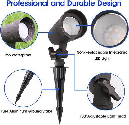 3CCT LED Landscape Lights with Connectors, 12V Low Voltage, 3000K/4000K/5000K Selectable, 3W, 200LM, Outdoor Waterproof Garden Pathway Lights Wall Tree Flag Spotlights with Spike Stand, 4 Pack