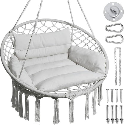 Greenstell Hammock Chair, Macrame Swing Chair with Comfy Cushion, Boho Hanging Chair for Outdoor & Indoor, Perfect for Bedroom, Patio, Balcony, Hold up to 350Lbs, Grey