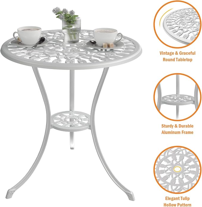 Bistro Sets 3-Piece Cast Aluminum Patio Set with Umbrella Hole, White