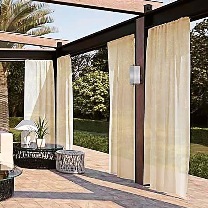 SpaceDresser Waterproof Outdoor Sheer Curtains for Patio - 2 Panels Rod Pocket Indoor Voile Sheer Curtain for Living Room,52W x 120L inch,Beige