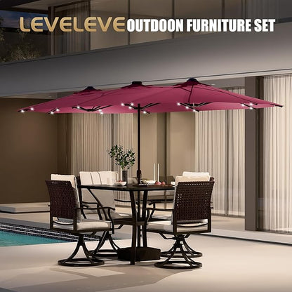 LEVELEVE 14FT Large Patio Umbrella with Base & Solar LED Lights - Double-Sided,Red