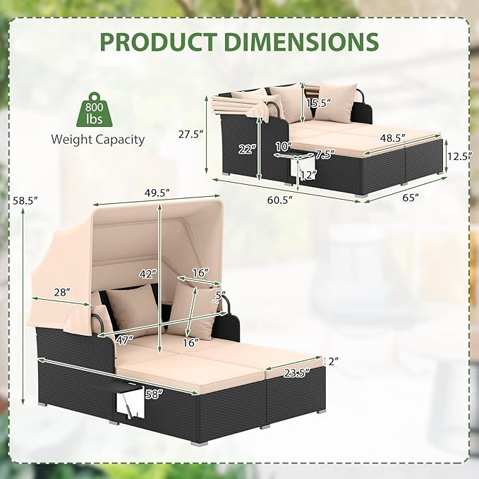 ORALNER Outdoor Daybed, 2-Person Wicker Patio Sofa with Retractable Canopy, Cushions & Pillows, 2 Side Trays, PE Rattan Double Sunbed Lounger for Deck Poolside Backyard Garden Balcony (Khaki)