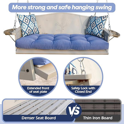 3-Seat Metal Porch Swing 900 LBS Heavy Duty Hanging Bench with Upgraded Tray & Cushions Rust-Resistant Finish Swing Chair with 8.9FT Chains for Patio Lawn Garden