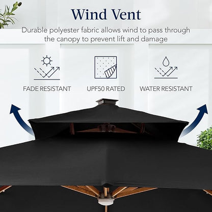 Best Choice Products 10ft Square Cantilever Patio Umbrella w/Base Included, Woodgrain Pattern Pole & Solar LED Lights, 360-Rotation, Offset Hanging Outdoor Shade - Black