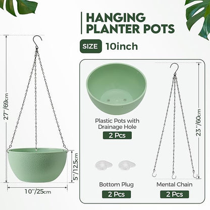 T4U 10 Inch Hanging Planters for Indoor Outdoor Plants, 2 Pack Plastic Hanging Planter, Indoor Hanging Plant Pots, Hanging Basket with Drainage Holes, Flower Pots for Garden Home Decor，Green
