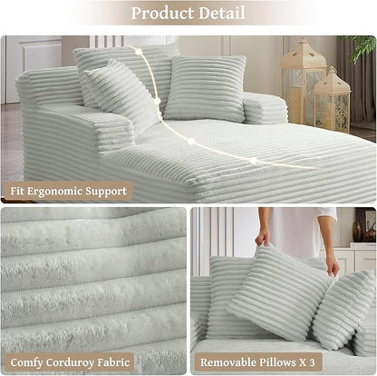 66" Chaise Lounge Chair Indoor, Oversized Boneless Couch Comfy Upholstered Sleeper Sofa Bed with 3 Pillows, Corduroy Cloud Reading Chair for Living Room No Assembly Required, Light Grey