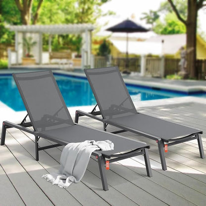 VEVOR 2 Pcs Chaise Lounge Chairs Outdoor, Aluminum Patio Lounge Chair with Adjustable 5-Position, Folding Pool Chairs Recliner and Full Flat Tanning Chair for Patio, Beach, Pool, Gray, 2 pcs