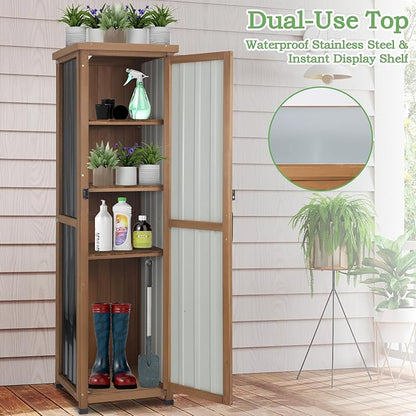 62" H Outdoor Corner Storage Cabinet with Lockable Doors, Outdoor Indoor Small Storage Cabinet with Metal Top, 3 Adjustable Shelves for Patio, Porch, Entryway or Small Spaces