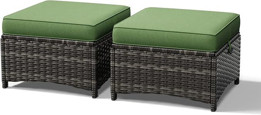 Joyside Outdoor Ottoman Set of 2, Patio Large Ottoman Foot Rest with Thickened Cushions, Outdoor Wicker Foot Stool for Porch, Deck Use