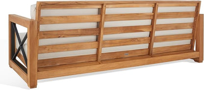 SAFAVIEH Couture Outdoor Patio Furniture Collection – Curacao 3-Seat Patio Sofa, Brazilian Teak Wood Frame with Removable White Cushions, Modern Outdoor Seating (CPT1010A)