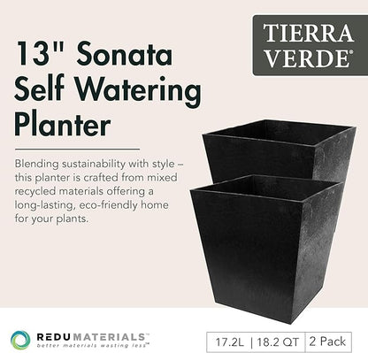 Tierra Verde 2-Pack Indoor & Outdoor Self-Watering Square Planters, Small, Sonata, Black - Planter Containers for Plants and Flowers - Gardening and Landscaping Accessories