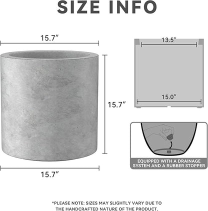Kante 15.7" Dia Round Concrete Planter, Modern Style Large Cylindrical Plant Pot with Drainage Hole and Rubber Plug for Indoor Outdoor Patio, Natural Concrete