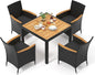 Tangkula 5 Pieces Rattan Outdoor Dining Set for 4, Outdoor Acacia Wood Table Set with 4 Cushioned Wicker Chairs, Umbrella Hole, Patio Dining Furniture Set for Deck Pool Backyard