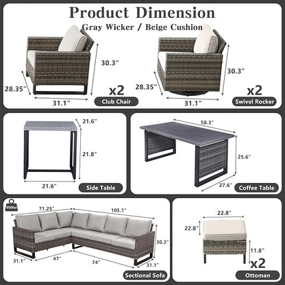 Belord Outdoor Sectional Furniture with Swivel Rocker Chair, 10 Pieces Wicker Patio Furniture Sets with Ottoman L Shaped Sofa Coffee Table Beige Cushion
