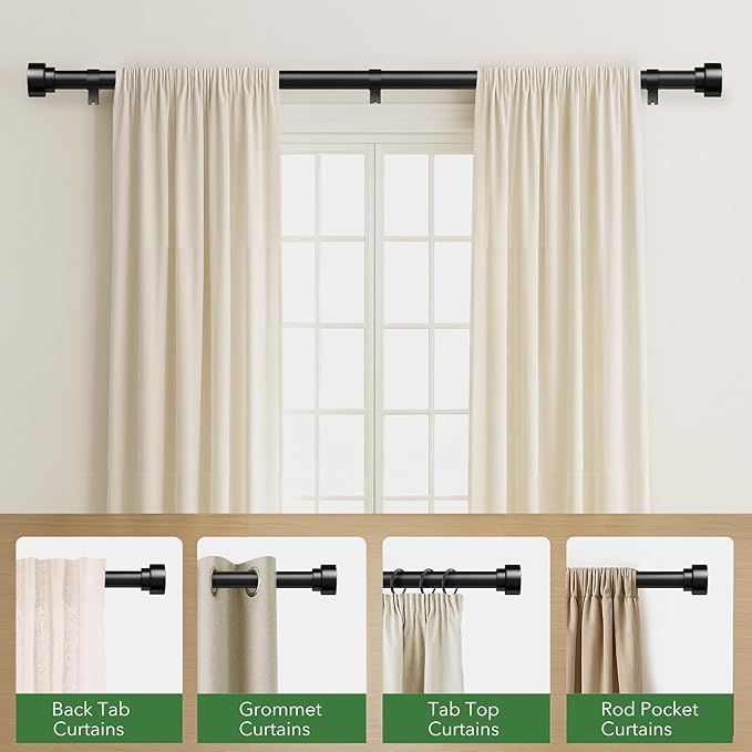 2 Pack Curtain Rods for Windows 66 to 120, 1 Inch Black Adjustable Heavy Duty Extra Long Curtain Rod with End Caps, Modern Indoor Outdoor Window Drapery Rods for Patio Bedroom, Size 32"-120"