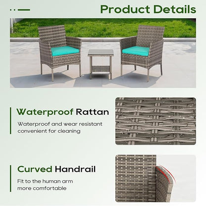 FDW | 3-Piece Patio Furniture Set | Gray & Blue | Outdoor Wicker Furniture with Coffee Table | Modern Rattan Chairs Conversation Set | Outdoor Seating | Weather-Resistant | for Porch, Garden, Lawn