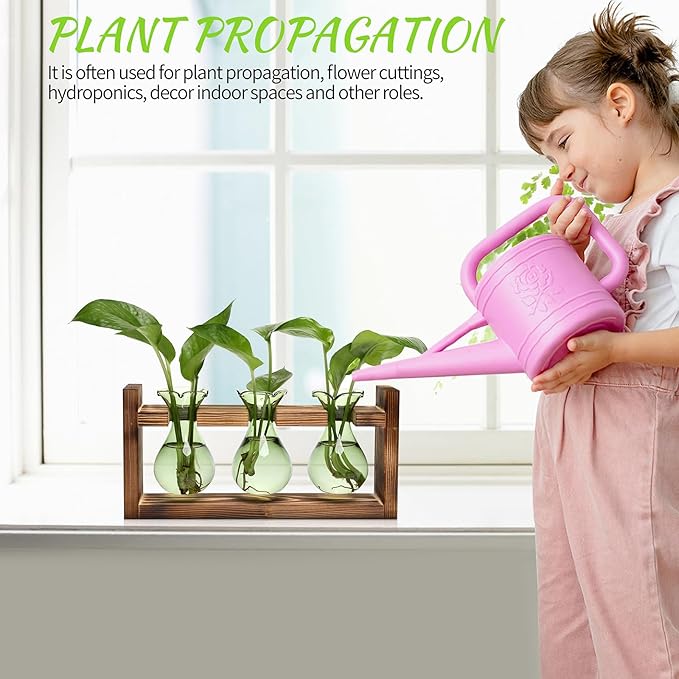 Terrarium Propagation Station, 3 Green Borosilicate Glass Bulbs, Wooden Stand