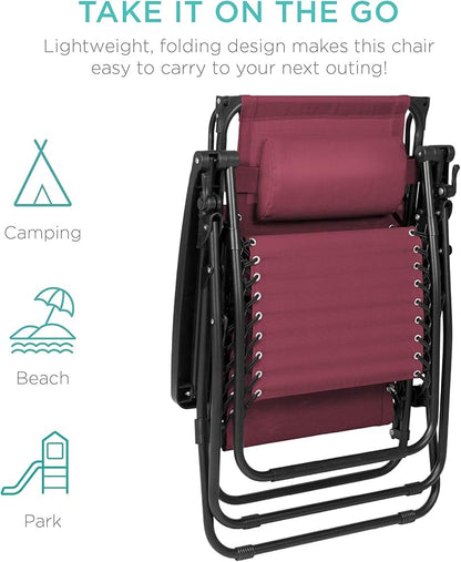 Best Choice Products Folding Zero Gravity Outdoor Recliner Patio Lounge Chair w/Adjustable Canopy Shade, Headrest, Side Accessory Tray, Textilene Mesh - Burgundy