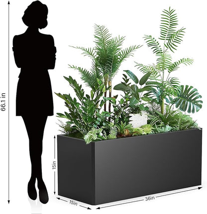 Rectangular Planter Box (36''L x 15''W x 15''H) Large Planter Box Outdoor, Metal Planters with 6 Drainage Holes for Commercial Residential Patio Deck and Backyard, Black