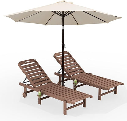 SERWALL Outdoor Chaise Lounge Set of 2 with 9FT Umbrella, HDPE Pool Lounge Chair with 5-Position Adjustable Backrest, Patio Lounger with Rolling Wheels & Cup Holder for Pool, Brown