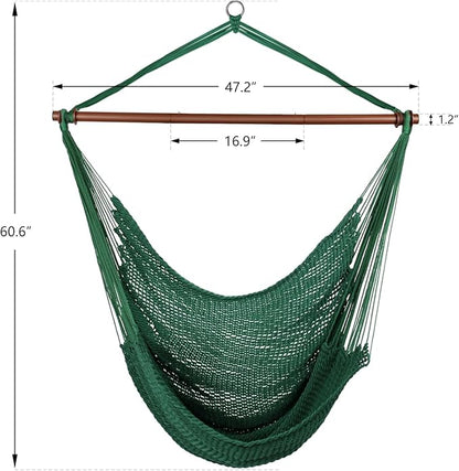 Upgraded Caribbean Hammock Chair with Detachable Metal Bar, Large Hammock Swing Chair, XL Rope Hanging Chair for Outdoor Indoor, 330 LBS Weight Capacity, ForestGreen