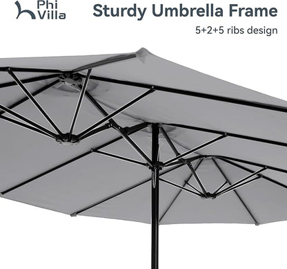 PHI VILLA 15ft Large Patio Umbrellas with Base, Outdoor Double-Sided Rectangle Market Umbrella for Pool Lawn Garden, Light Gray