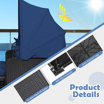 Tangkula Patio Rattan Daybed with Retractable Canopy, Outdoor Wicker Sunbed Lounger with 2 Foldable Side Tables, Thick Seat & Back Cushions, Outside Double Daybed for Garden, Backyard, Porch, Navy