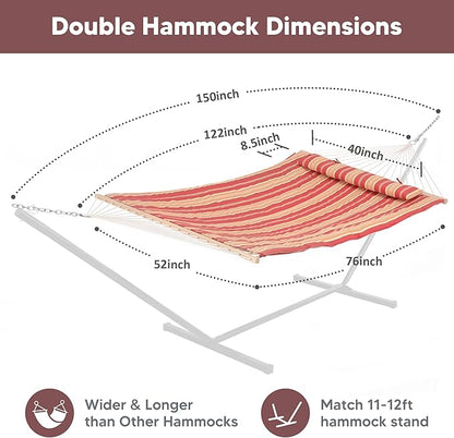 SUNCREAT Two Person Rope Hammock with Pad, Hanging Tree Double Hammock with Large Pillow, Hardwood Spreader Bar, Red Stripe