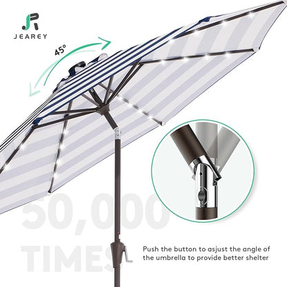 JEAREY 9FT Outdoor Patio Umbrella with Solar Lights, LED Lighted Pool Umbrella with Tilt and Crank, Outdoor Table Umbrellas for Deck, Yard & Market (Blue White Striped)