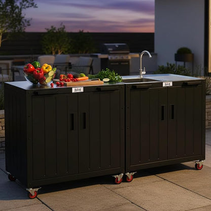 Outdoor Grill Cart with Storage Cabinet and Stainless Steel Top, 35-Inch Outdoor Grill Station with Door, Modular Kitchen Island for Food Prep and BBQ, Black & Silver
