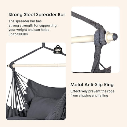Highwild Hammock Chair Hanging Rope Swing - Max 500 Lbs - 2 Cushions Included - Steel Spreader Bar with Anti-Slip Rings - for Any Indoor or Outdoor Spaces (Grey)