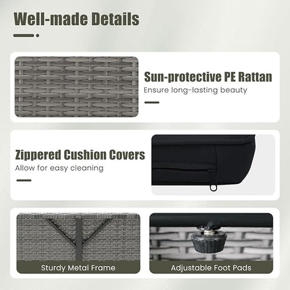 Tangkula Patio Rattan Daybed with 4-Level Adjustable Backrest, Outdoor PE Wicker Loveseat with Storage Ottoman & Folding Side Table, Double Sunbed for Balcony, Backyard & Poolside, Black & Grey