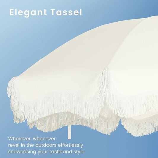 Beach Umbrella with Fringe & Sand Anchor, 7ft